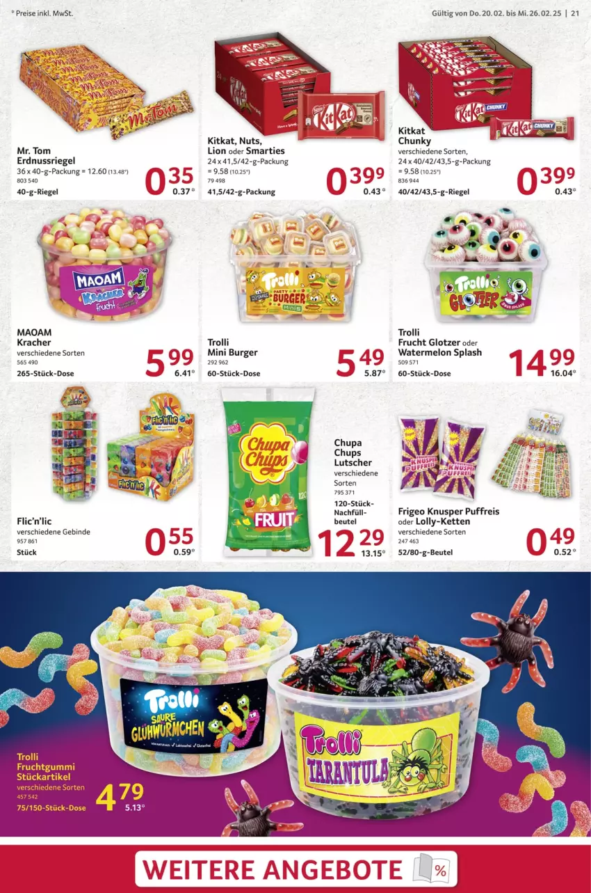 Aktueller Prospekt Selgros - Food - von 20.02 bis 26.02.2025 - strona 21 - produkty: beutel, burger, chupa, chupa chups, eis, erdnuss, frucht, fruchtgummi, Kette, kitkat, kracher, lion, Lutscher, maoam, nuss, nussriegel, reis, riegel, smarties, Ti, trolli