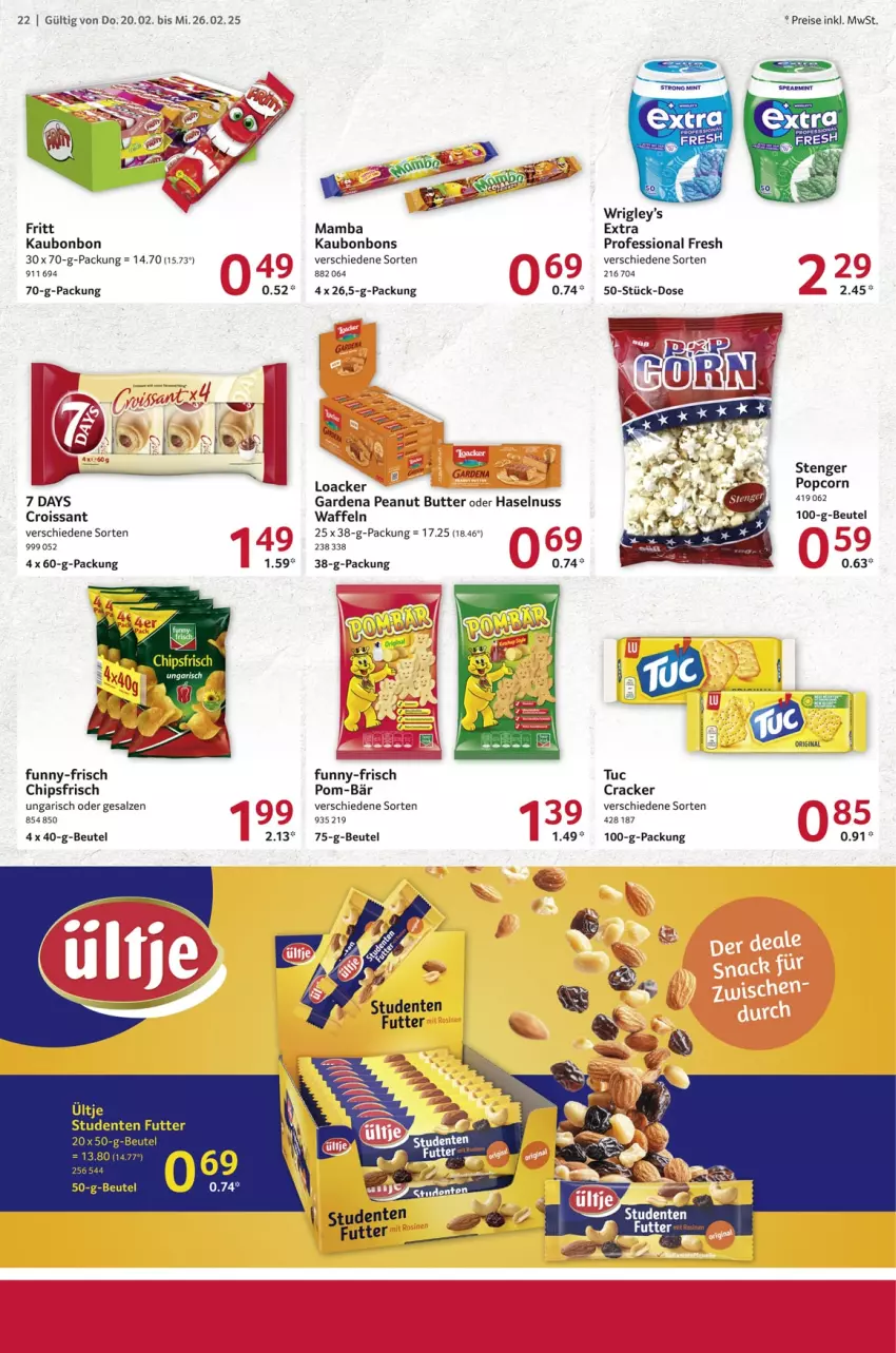 Aktueller Prospekt Selgros - Food - von 20.02 bis 26.02.2025 - strona 22 - produkty: beutel, bonbons, butter, chips, chipsfrisch, cracker, Croissant, eis, ente, funny-frisch, gardena, gin, haselnuss, mam, nuss, peanut butter, pom-bär, popcorn, reis, salz, Ti, tuc, waffeln