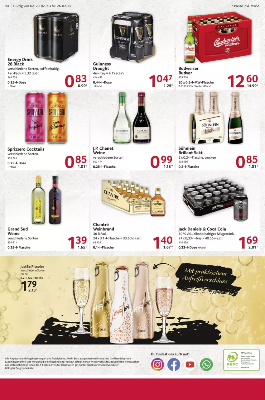 Aktueller Prospekt Selgros - Food - von 20.02 bis 26.02.2025 - strona 24 - produkty: alkohol, angebot, angebote, brillant sekt, budweiser, cocktail, cocktails, cola, drink, eis, energy drink, flasche, getränk, grand sud, Guinness, J.P. Chenet, jack daniel, jack daniels, lack, LG, Mixgetränk, mw-flasche, Rauch, reis, sekt, söhnlein, Sprizz, Ti, wein, weinbrand, weine