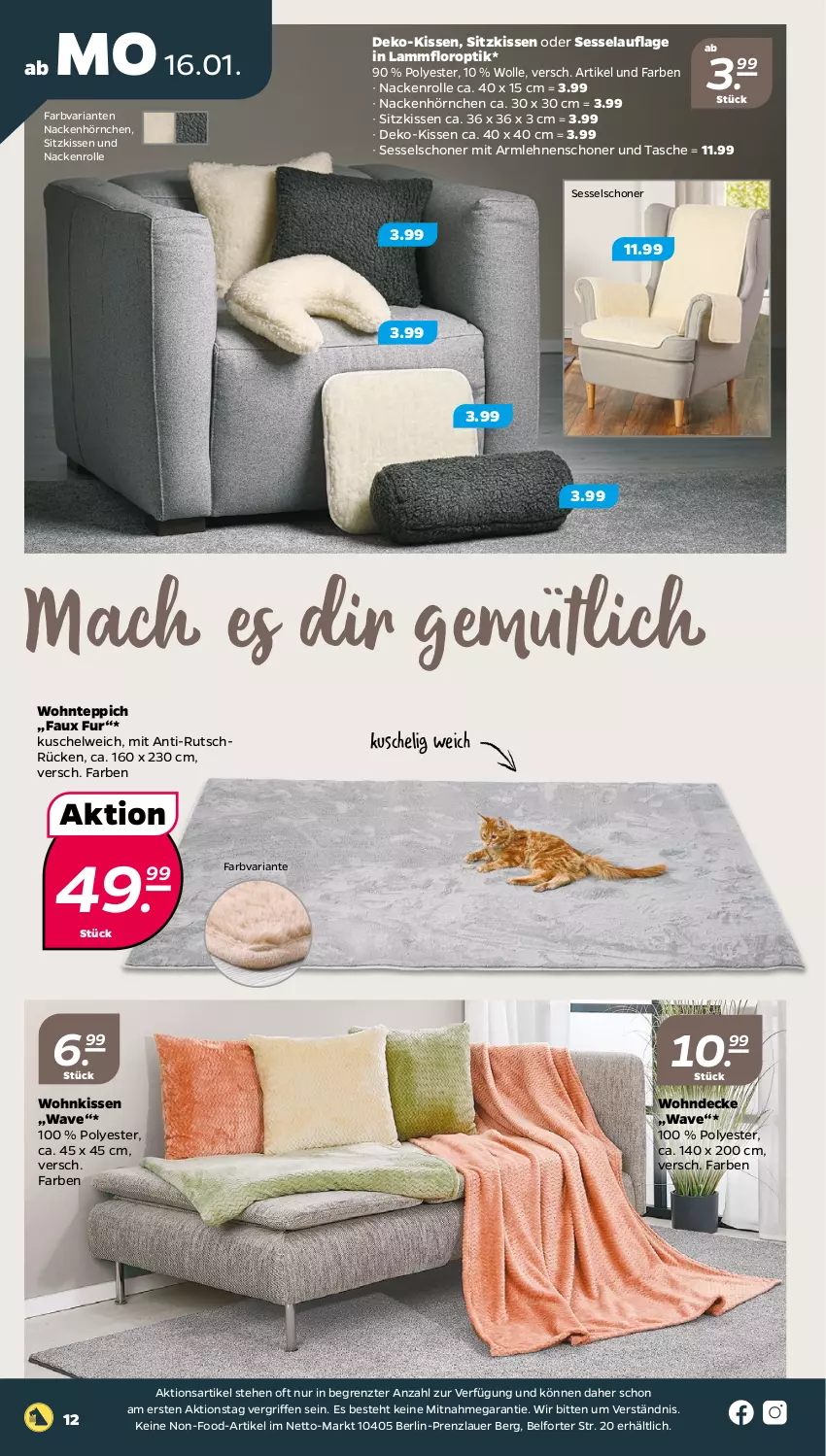 Aktueller Prospekt Netto - Woche 3 - von 16.01 bis 21.01.2023 - strona 12 - produkty: armlehnen, auer, decke, hörnchen, kissen, Kuschelweich, lamm, mac, Ria, sessel, sitzkissen, Tasche, teppich, Ti, wolle, ZTE