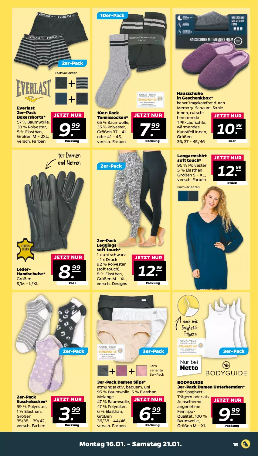 Aktueller Prospekt Netto - Woche 3 - von 16.01 bis 21.01.2023 - strona 15 - produkty: achselhemd, Bau, baumwolle, body, Elan, Geschenkbox, gin, handschuhe, Hausschuhe, hemd, hemden, Kuschelsocken, Langarmshirt, leggings, Ria, schuhe, shirt, shorts, slip, slips, socken, spaghetti, Ti, Unterhemd, unterhemden, wolle