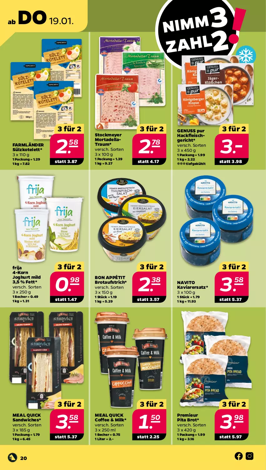 Aktueller Prospekt Netto - Woche 3 - von 16.01 bis 21.01.2023 - strona 20 - produkty: aufstrich, Becher, brot, brotaufstrich, dell, eis, fleisch, hackfleisch, joghur, joghurt, joghurt mild, korn, kotelett, mortadella, nuss, sandwich, stockmeyer, Ti