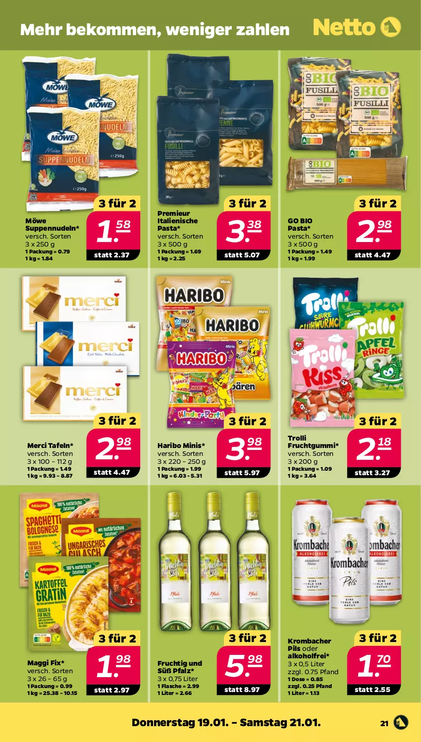 Aktueller Prospekt Netto - Woche 3 - von 16.01 bis 21.01.2023 - strona 21 - produkty: alkohol, beko, bio, flasche, frucht, fruchtgummi, haribo, italienische pasta, krombache, krombacher, krombacher pils, maggi, maggi fix, merci, nudel, nudeln, pasta, pils, suppe, suppen, Ti, trolli, trolli fruchtgummi