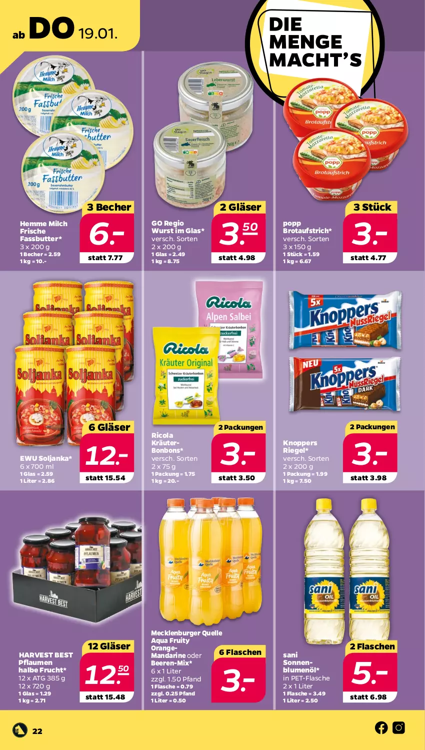 Aktueller Prospekt Netto - Woche 3 - von 16.01 bis 21.01.2023 - strona 22 - produkty: aqua, aufstrich, Becher, beere, beeren, blume, blumen, blumenöl, bonbons, brot, brotaufstrich, burger, butter, cola, elle, flasche, frucht, Gläser, knoppers, kräuter, mandarine, milch, orange, pet-flasche, pflaume, pflaumen, Popp, Ricola, riegel, sonnenblume, sonnenblumen, sonnenblumenöl, wurst