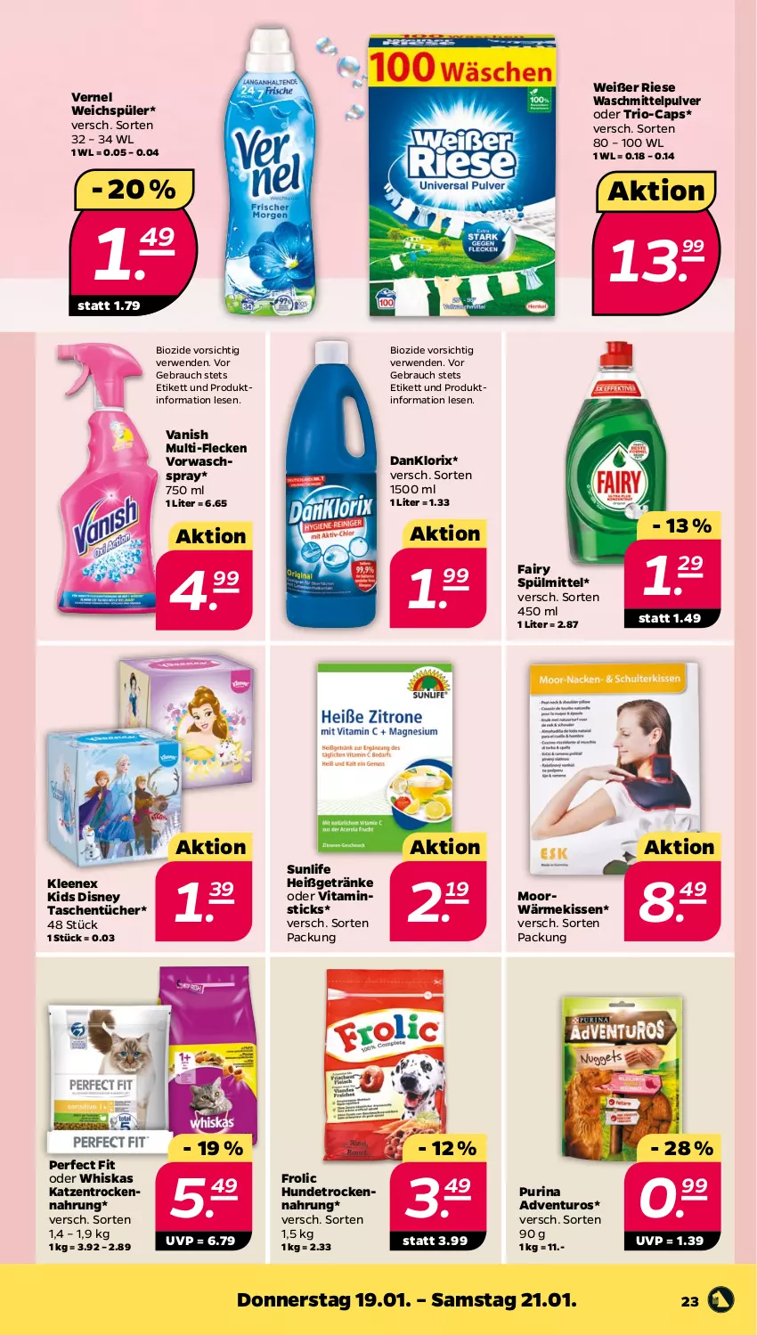 Aktueller Prospekt Netto - Woche 3 - von 16.01 bis 21.01.2023 - strona 23 - produkty: adventuros, bio, Cap, danklorix, disney, fairy, frolic, getränk, getränke, Hundetrockennahrung, kissen, Perfect Fit, purina, Rauch, rwe, spülmittel, Tasche, taschen, taschentücher, Ti, Trockennahrung, tücher, vanish, vernel, vita, waschmittel, weichspüler, whiskas