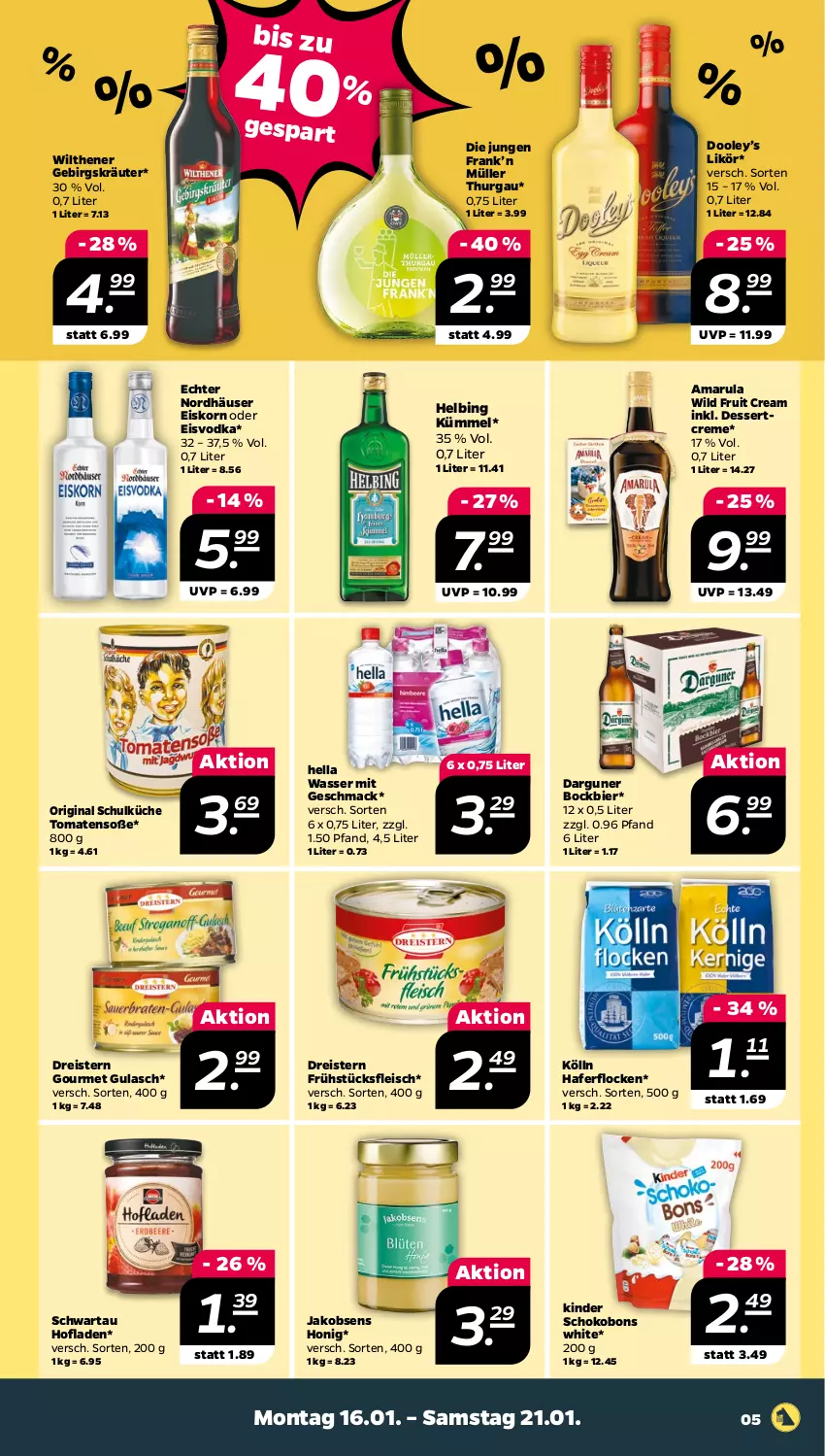 Aktueller Prospekt Netto - Woche 3 - von 16.01 bis 21.01.2023 - strona 5 - produkty: amarula, bier, creme, dessert, dreistern, eis, fleisch, frühstücksfleisch, gin, gulasch, hafer, haferflocken, hella, honig, jako, Kinder, Kinder Schokobons, kölln, korn, kräuter, küche, likör, mac, Müller, reis, schoko, Schwartau, Soße, Ti, tomate, tomaten, vodka, wasser, Wild, wilthener