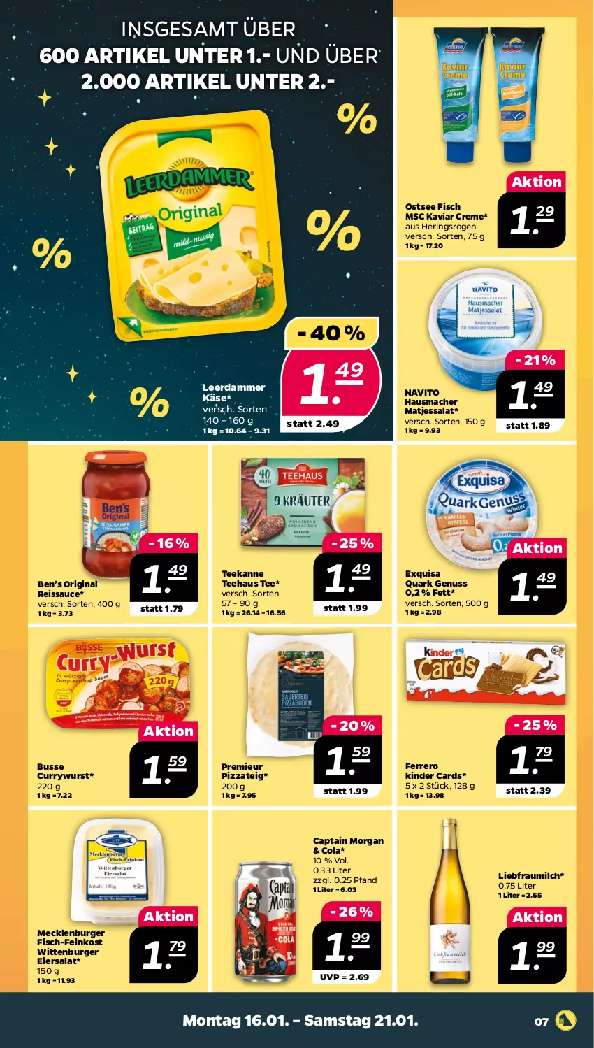 Aktueller Prospekt Netto - Woche 3 - von 16.01 bis 21.01.2023 - strona 7 - produkty: Ben’s Original, burger, Cap, captain morgan, cola, creme, curry, currywurst, eier, eiersalat, eis, exquisa, feinkost, ferrero, fisch, gin, Hausmacher, hering, Herings, Käse, Kinder, leerdammer, mac, matjes, milch, nuss, pizza, Pizzateig, quark, quark genus, quark genuss, reis, reiss, ring, salat, sauce, tee, teekanne, Ti, wurst