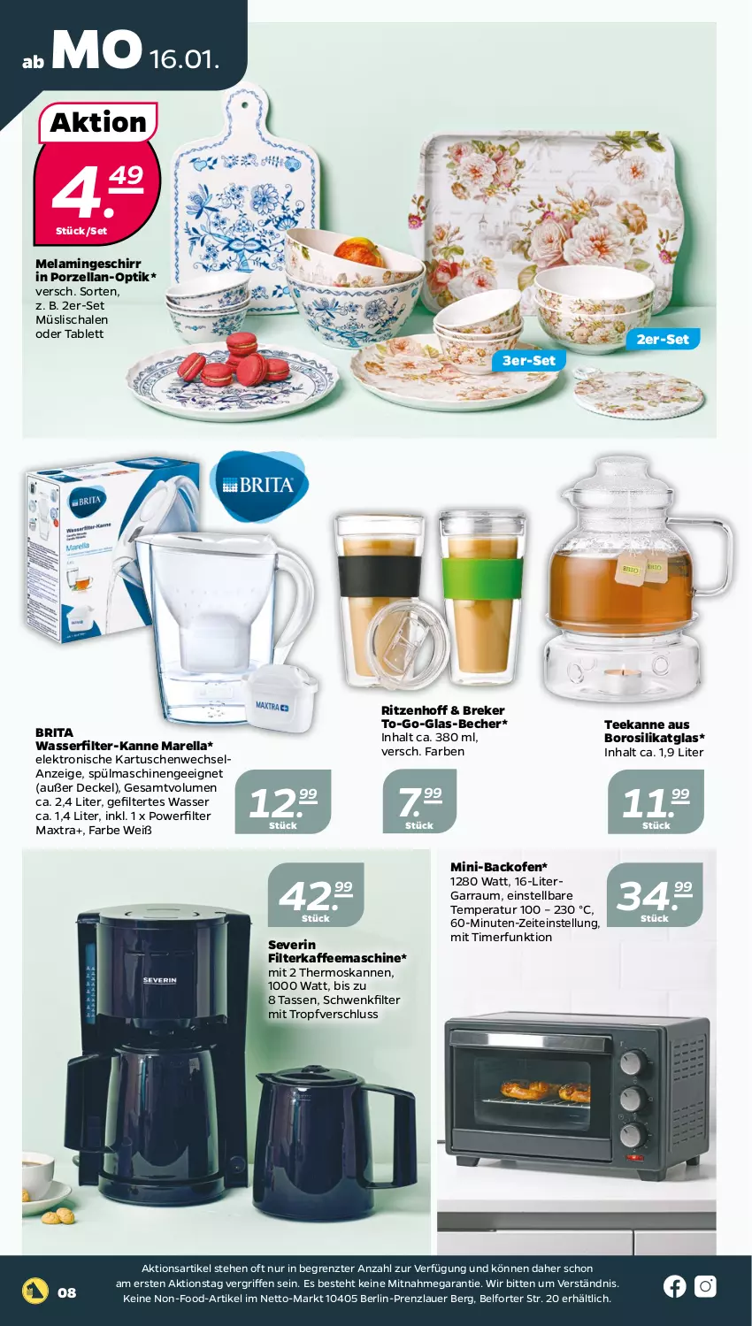 Aktueller Prospekt Netto - Woche 3 - von 16.01 bis 21.01.2023 - strona 8 - produkty: auer, backofen, Becher, brita, decke, Deckel, Elan, Elektro, filterkaffee, garraum, geschirr, kaffee, kaffeemaschine, Maxtra, müsli, Müslischale, Ofen, rel, Schal, Schale, severin, spülmaschinen, tablet, tablett, tasse, tee, teekanne, Ti, timer, wasser, wasserfilter, ZTE