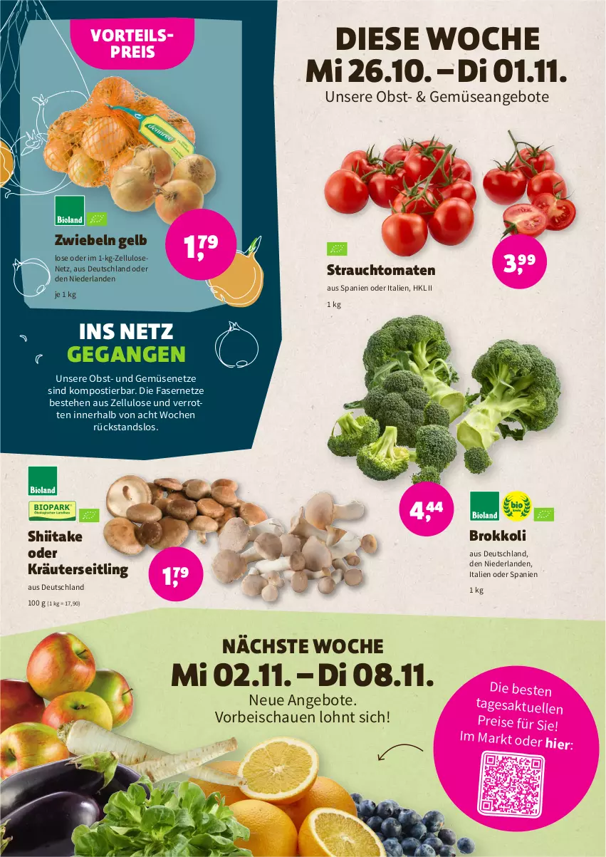 Aktueller Prospekt Denns Biomarkt - Prospekte - von 26.10 bis 08.11.2022 - strona 4 - produkty: angebot, angebote, brokkoli, eis, elle, kräuter, obst, oder kräuter, Rauch, reis, Stier, strauchtomaten, Ti, tomate, tomaten, und gemüse, vorteilspreis, zwiebel, zwiebeln