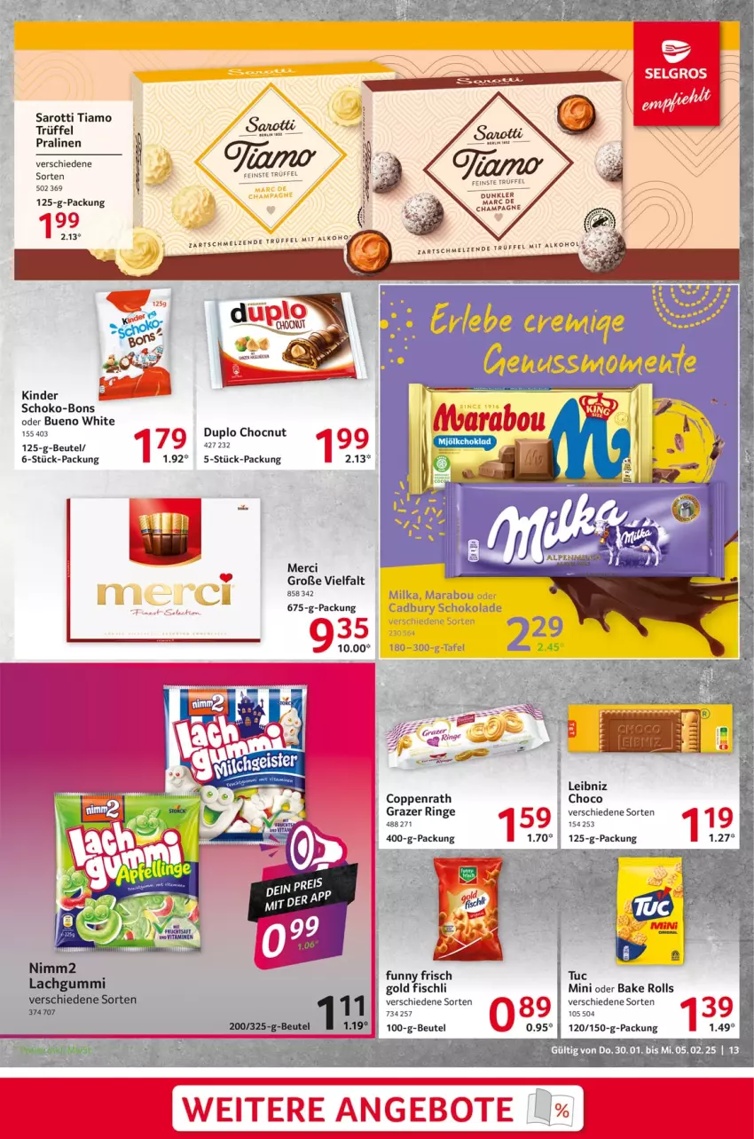 Aktueller Prospekt Selgros - Food - von 30.01 bis 05.02.2025 - strona 13 - produkty: alkohol, beutel, champagne, coppenrath, duplo, fisch, Funny Frisch, Kinder, leibniz, merci, pralinen, Razer, ring, saro, sarotti, schoko, schoko-bons, Ti, Trüffel, tuc