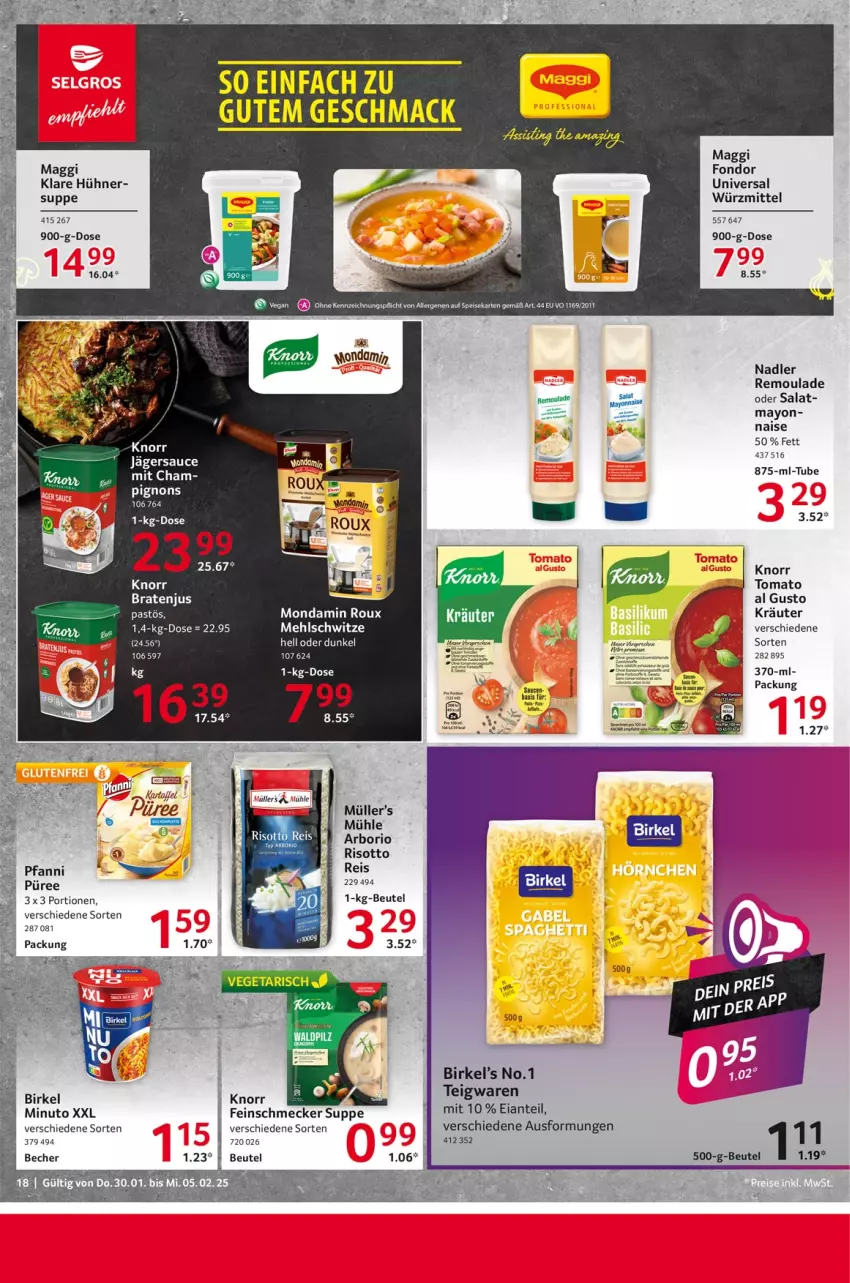 Aktueller Prospekt Selgros - Food - von 30.01 bis 05.02.2025 - strona 18 - produkty: arlo, beutel, birkel, eis, feinschmecker, hühner, knorr, kräuter, LG, mac, maggi, mehl, mondamin, Müller, nadler, pfanni, püree, reis, remoulade, risotto, salat, sauce, saucen, suppe, teigwaren, Ti, Yo