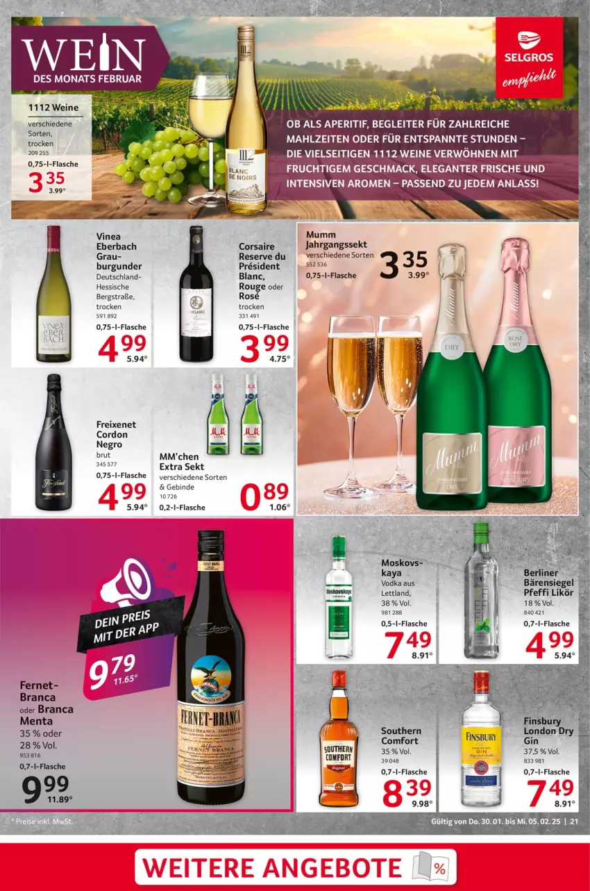 Aktueller Prospekt Selgros - Food - von 30.01 bis 05.02.2025 - strona 21 - produkty: aperitif, brut, burgunder, Corsaire, eier, Fernet, flasche, freixenet, frucht, jahrgangssekt, likör, mac, mumm, rouge, sekt, Ti, vodka, wein, weine