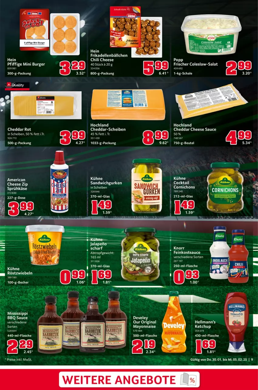 Aktueller Prospekt Selgros - Food - von 30.01 bis 05.02.2025 - strona 9 - produkty: angebot, angebote, Becher, beutel, burger, cheddar, chili, cocktail, Coleslaw, dell, develey, eis, elle, feinkost, flasche, frikadellen, gin, hochland, Kühne, mayonnaise, Popp, ps4, reis, salat, sauce, Schal, Schale, Ti, Yo