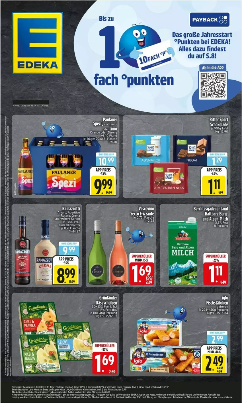 Aktueller Prospekt Edeka - Prospekte - von 26.01 bis 31.01.2026 - strona 1 - produkty: aeg, alkohol, amaro, angebot, aust, deka, ecco, eis, elle, ente, flasche, frizzante, grünländer, Käse, käsescheiben, LG, limo, milch, nuss, orange, regal, reis, rel, ritter, ritter sport, rum, Sport, tee, Ti, trauben, Wels, zitrone