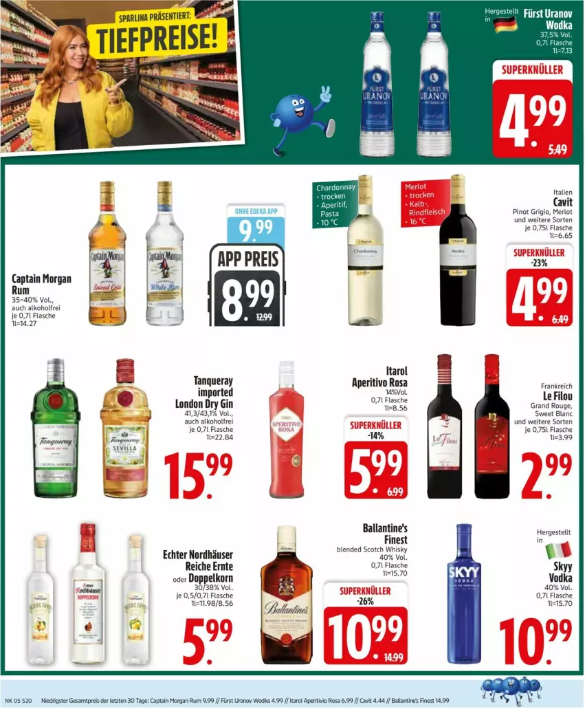 Aktueller Prospekt Edeka - Prospekte - von 26.01 bis 31.01.2026 - strona 22 - produkty: alkohol, ball, Ballantine's, blended scotch, blended scotch whisky, Cap, captain morgan, deka, doppelkorn, dry gin, eis, flasche, gin, korn, london dry, merl, merlot, Pinot, pinot grigio, reis, rouge, rum, scotch, scotch whisky, skyy, Tanqueray, Ti, tiefpreis, vodka, whisky, wodka, ZTE