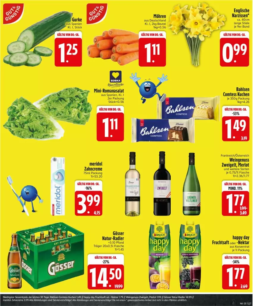 Aktueller Prospekt Edeka - Prospekte - von 26.01 bis 31.01.2026 - strona 29 - produkty: bahlsen, beutel, comtess, comtess kuchen, creme, flasche, frucht, fruchtsaft, gösser, Happy Day, kuchen, meridol, merl, merlot, möhren, Narzissen, natur, Nektar, nuss, radler, Romanasalat, saft, salat, Ti, wein, zahncreme