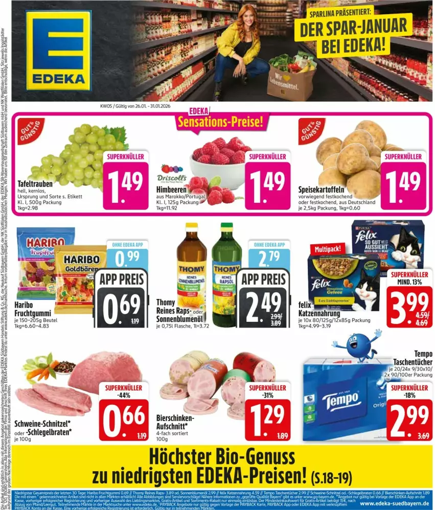 Aktueller Prospekt Edeka - Prospekte - von 26.01 bis 31.01.2026 - strona 3 - produkty: aufschnitt, beere, beeren, beutel, bier, bierschinken, bio, blume, blumen, blumenöl, braten, deka, eis, flasche, frucht, fruchtgummi, himbeer, himbeere, himbeeren, kartoffel, kartoffeln, nuss, reis, schinken, schnitzel, schwein, schweine, schweine-schnitzel, sonnenblume, sonnenblumen, sonnenblumenöl, speisekartoffeln, tafeltrauben, thomy, Ti, trauben, wein, weine