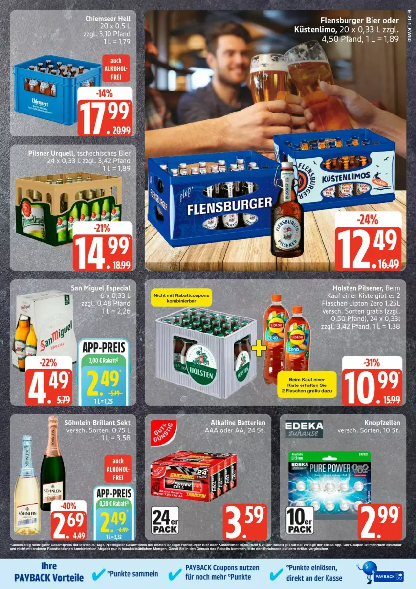 Aktueller Prospekt Edeka - Prospekte - von 08.12 bis 13.12.2025 - strona 25 - produkty: bier, burger, coupon, coupons, flasche, flensburger, LG, limo, payback, söhnlein, Ti
