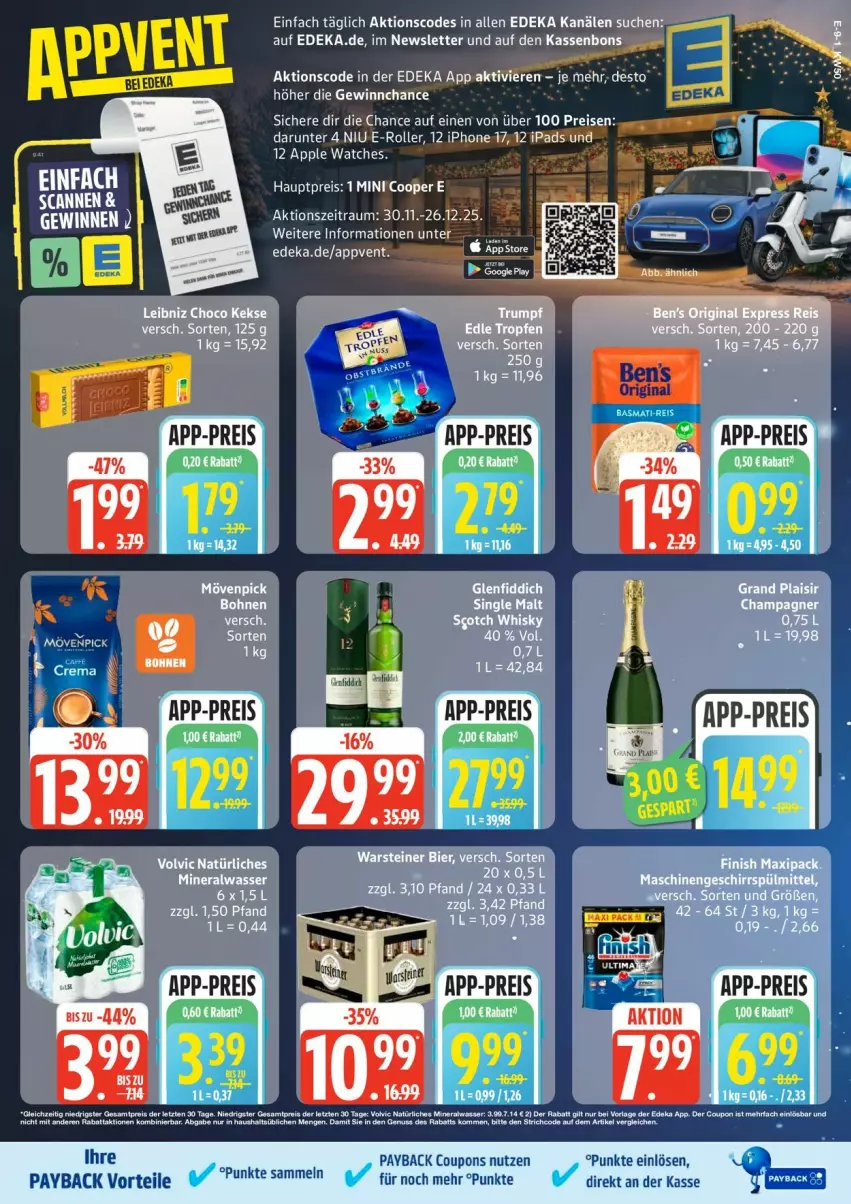Aktueller Prospekt Edeka - Prospekte - von 08.12 bis 13.12.2025 - strona 9 - produkty: Alwa, Apple, Apple Watch, bier, bohne, bohnen, coupon, coupons, deka, E-Roller, eis, Finish, geschirr, ipad, iphone, keks, kekse, leibniz, mineralwasser, mövenpick, natürliches mineralwasser, payback, reis, Roller, single malt, steiner, Ti, volvic, volvic natürliches, warsteiner, wasser, ZTE