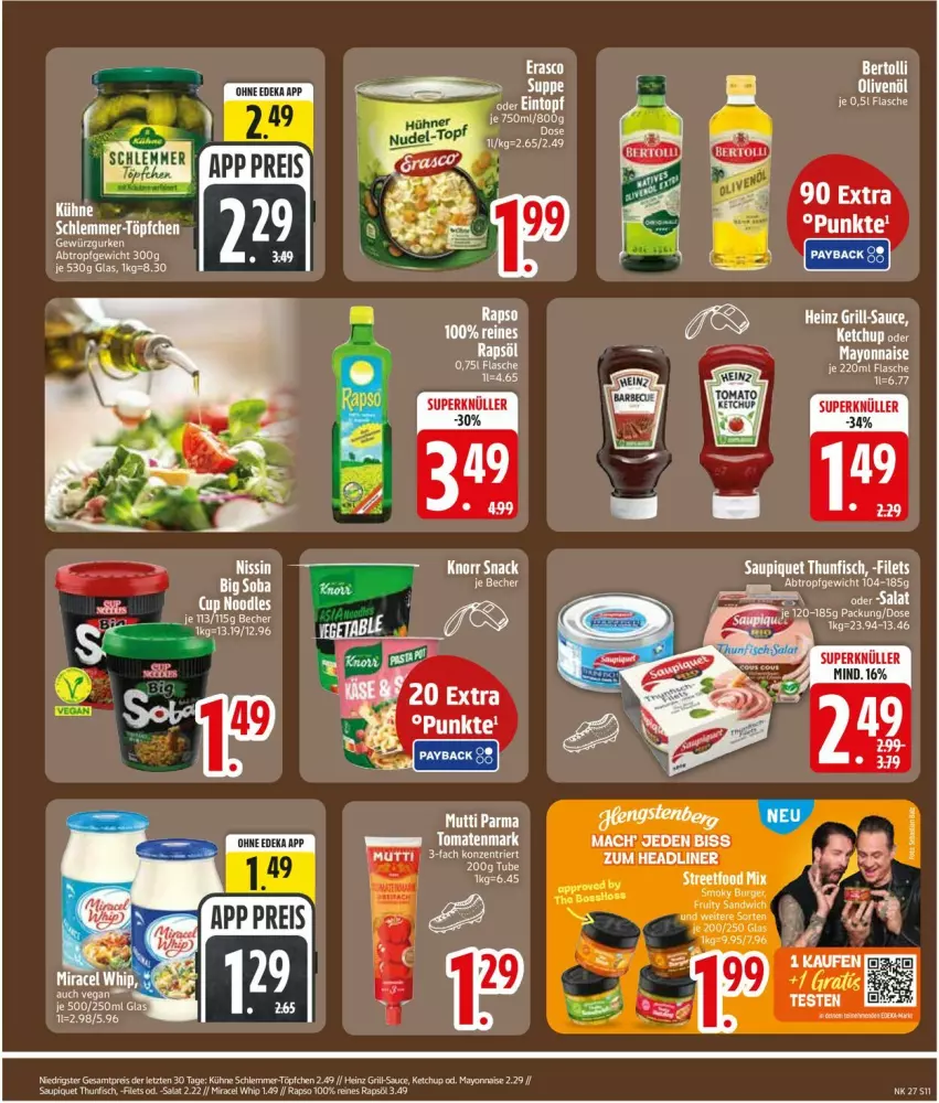 Aktueller Prospekt Edeka - Prospekte - von 29.06 bis 04.07.2026 - strona 13 - produkty: auer, Becher, bertolli, eis, filet, filets, fisch, heinz, ketchup, knorr, Kühne, mac, mayonnaise, miracel, miracel whip, rapso, rapsöl, reines rapsöl, reis, salat, sauce, saupiquet, snack, thunfisch, Töpfchen, Yo, ZTE