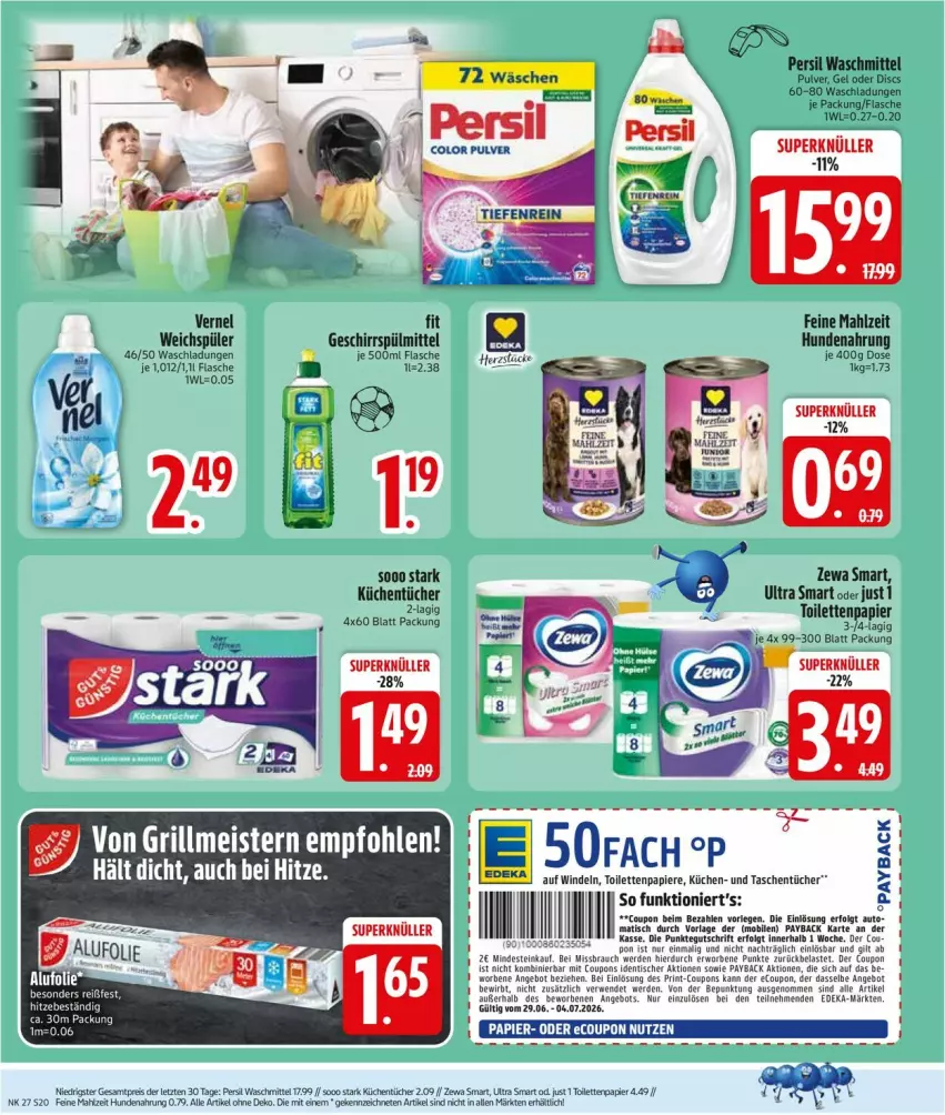 Aktueller Prospekt Edeka - Prospekte - von 29.06 bis 04.07.2026 - strona 22 - produkty: angebot, auto, coupon, coupons, deka, eis, erde, flasche, geschirr, geschirrspülmittel, hundenahrung, küche, Küchen, küchentücher, LG, papier, payback, persil, persil waschmittel, Rauch, reis, rwe, spülmittel, Tasche, taschen, taschentücher, Ti, tisch, toilettenpapier, tücher, vernel, waschmittel, weichspüler, windeln, zewa, ZTE
