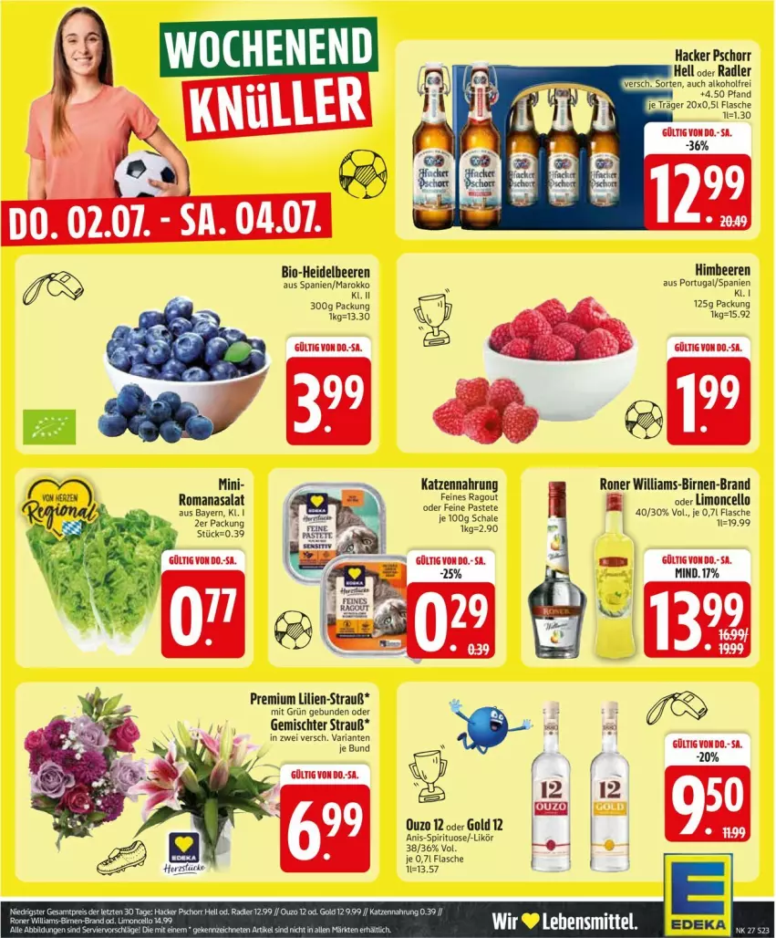 Aktueller Prospekt Edeka - Prospekte - von 29.06 bis 04.07.2026 - strona 25 - produkty: alkohol, beere, beeren, bio, Birnen, flasche, hacker pschorr, heidelbeere, heidelbeeren, himbeer, himbeere, himbeeren, katzennahrung, likör, limo, ouzo, ouzo 12, radler, Ria, Romanasalat, salat, Schal, Schale