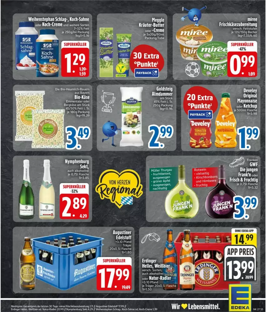 Aktueller Prospekt Edeka - Prospekte - von 29.06 bis 04.07.2026 - strona 7 - produkty: alkohol, auer, Bau, Bauer, Becher, Bergkäse, bio, butter, creme, emmentaler, frischkäse, frischkäsezubereitung, gin, Heu, heumilch, Käse, ketchup, kräuter, kräuter-butter, mayonnaise, milch, rel, sahne, sekt, weihenstephan, Yo