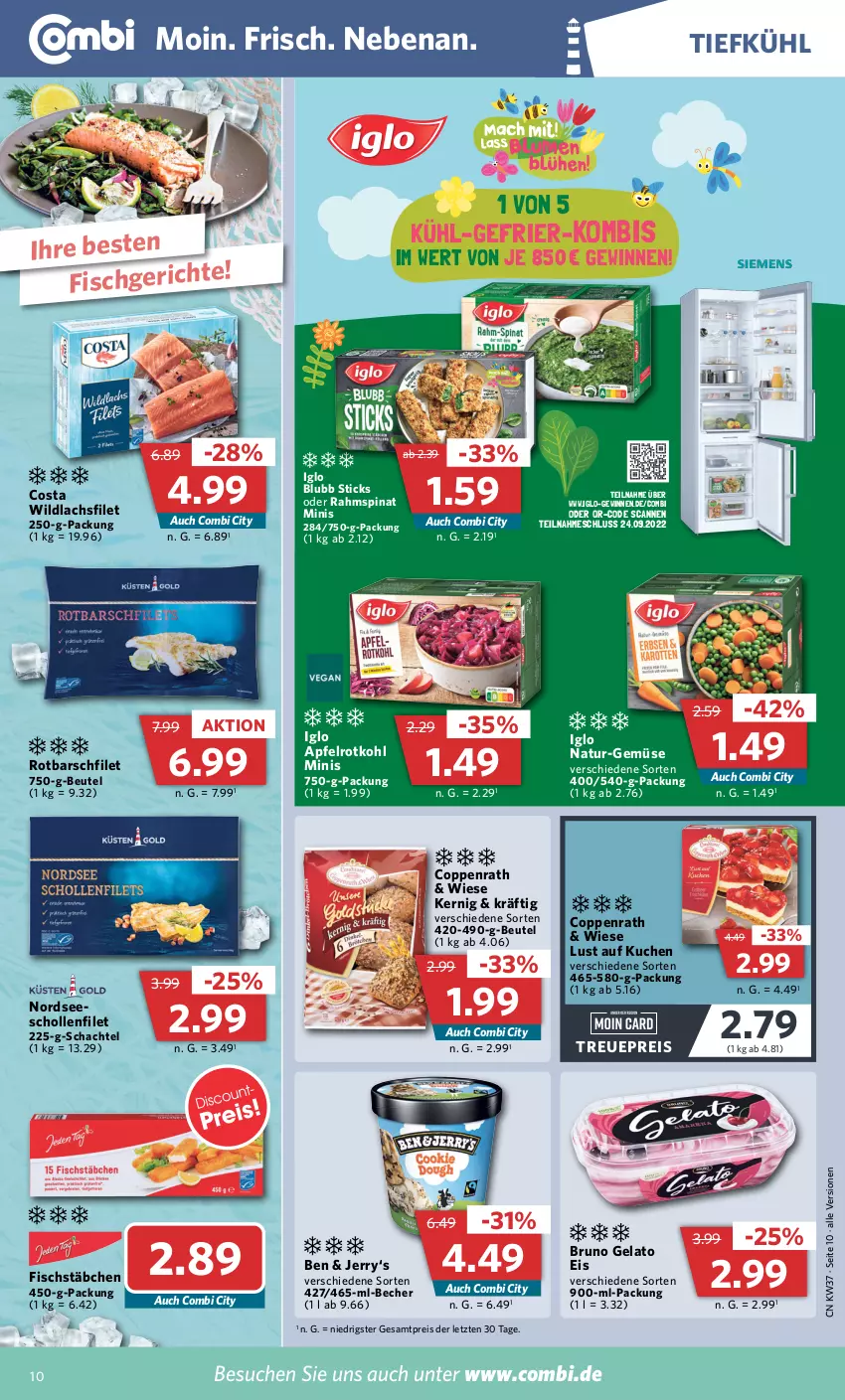 Aktueller Prospekt Combi - Prospekte - von 12.09 bis 17.09.2022 - strona 10 - produkty: apfel, Becher, beutel, bruno gelato, coppenrath, eis, filet, fisch, fischstäbchen, iglo, kuchen, lachs, lachsfilet, Lust auf Kuchen, natur, Nordsee, reis, Rotbarsch, rotbarschfilet, rotkohl, scholl, spinat, Ti, Wild, wildlachs, ZTE