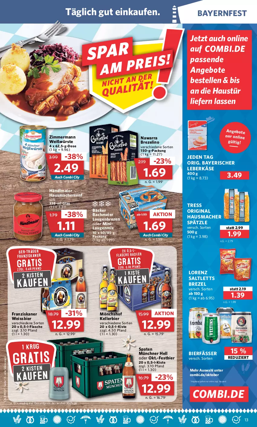 Aktueller Prospekt Combi - Prospekte - von 12.09 bis 17.09.2022 - strona 13 - produkty: angebot, angebote, aust, bier, brezel, eier, eis, elle, flasche, franziskaner, gin, händlmaier, Hausmacher, Käse, kellerbier, leberkäs, leberkäse, lorenz, mac, mönchshof, reis, saltletts, senf, Spaten, Ti, weissbier, ZTE