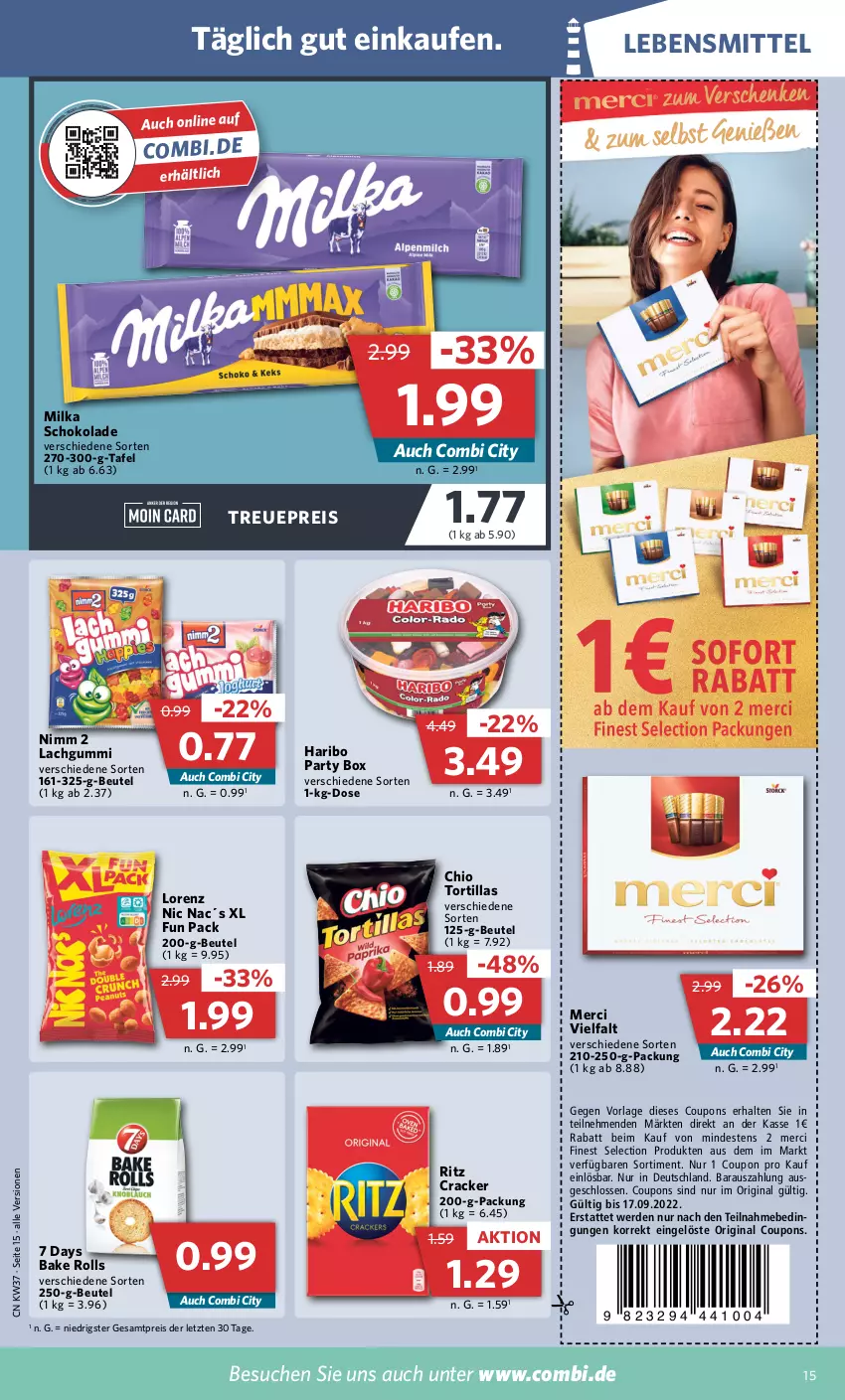 Aktueller Prospekt Combi - Prospekte - von 12.09 bis 17.09.2022 - strona 15 - produkty: beutel, coupon, coupons, cracker, eis, erde, gin, haribo, lachgummi, lebensmittel, lorenz, merci, milka, milka schokolade, Nimm 2, reis, schoko, schokolade, Ti, tortilla, tortillas, ZTE