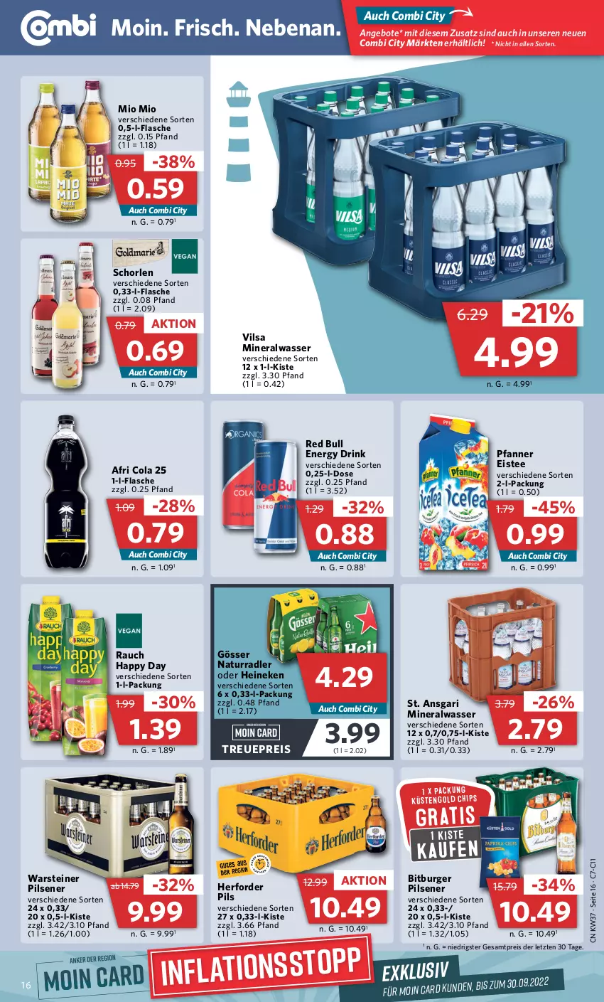 Aktueller Prospekt Combi - Prospekte - von 12.09 bis 17.09.2022 - strona 16 - produkty: Afri Cola, Alwa, angebot, angebote, bitburger, bitburger pils, burger, cola, drink, eis, eistee, energy drink, flasche, gösser, Happy Day, heineken, mineralwasser, Mio Mio, natur, pfanne, Pfanner, pils, pilsener, radler, Rauch, red bull, reis, schorle, steiner, tee, Ti, vilsa, warsteiner, wasser, ZTE