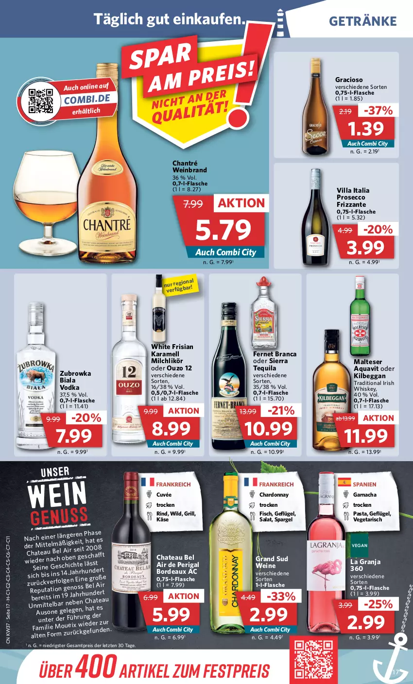 Aktueller Prospekt Combi - Prospekte - von 12.09 bis 17.09.2022 - strona 17 - produkty: aqua, aquavit, chantré, chardonnay, chateau, cuvée, ecco, eis, Fernet, fernet branca, fisch, flasche, frizzante, Geflügel, gefu, getränk, getränke, gracioso, grand sud, grill, irish whiskey, karamell, Käse, kilbeggan, LG, likör, malteser, milch, ouzo, ouzo 12, pasta, prosecco, reis, rind, salat, Sierra, sierra tequila, spargel, tequila, Ti, Vegeta, vodka, wein, weinbrand, weine, whiskey, Wild, ZTE