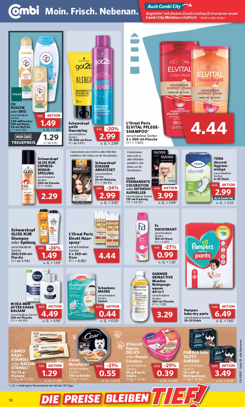 Aktueller Prospekt Combi - Prospekte - von 12.09 bis 17.09.2022 - strona 18 - produkty: after shave, angebot, angebote, baby-dry, bacon, balsam, Colorationen, deo, deodorant, diadem, Discreet, dusche, eis, elle, elnett, elvital, ente, felix, flasche, garnier, gliss, gliss kur, got2b, gsw, haarspray, Käse, kraft, Maske, mizellen, Mizellen Reinigungswasser, nassfutter, nivea, Nivea Men, pampers, Pants, purina, Reinigung, reis, sac, Schaebens, Schal, Schale, schwarzkop, schwarzkopf, shampoo, shampoo oder spülung, spülung, syoss, Ti, vita, vitakraft, wasser, Yo, ZTE