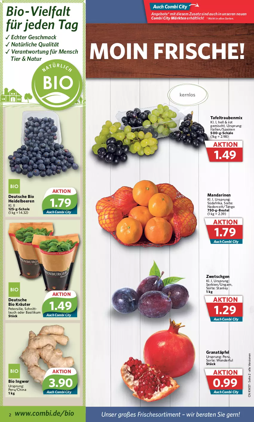 Aktueller Prospekt Combi - Prospekte - von 12.09 bis 17.09.2022 - strona 2 - produkty: angebot, angebote, basilikum, beere, beeren, beutel, bio, grana, Granatäpfel, heidelbeere, heidelbeeren, ingwer, kräuter, mac, mandarine, mandarinen, natur, petersilie, Rana, Schal, Schale, schnittlauch, tafeltrauben, Ti, trauben