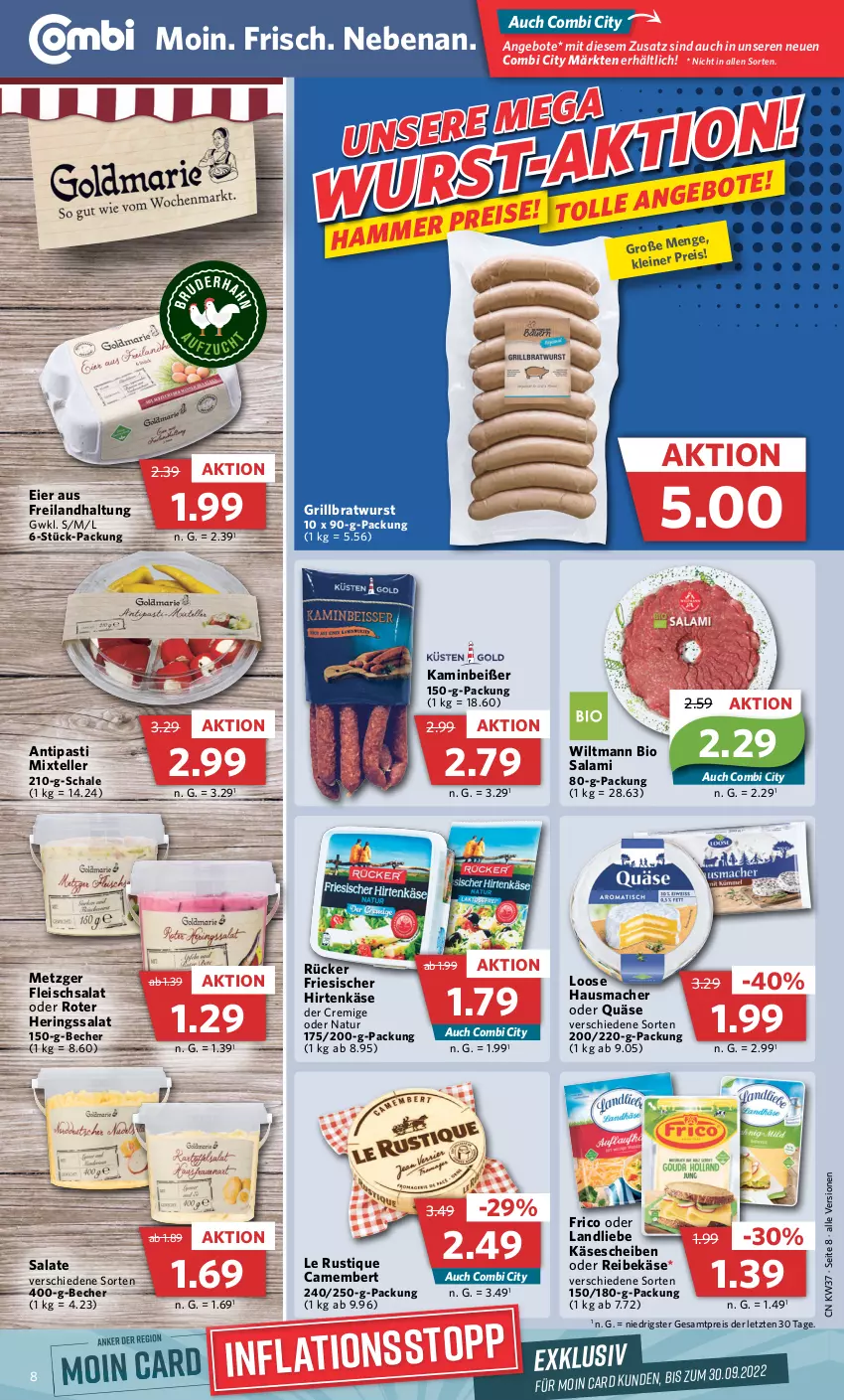 Aktueller Prospekt Combi - Prospekte - von 12.09 bis 17.09.2022 - strona 8 - produkty: angebot, angebote, antipasti, asti, Becher, bio, bratwurst, camembert, eier, eis, elle, fleisch, fleischsalat, frico, friesischer hirtenkäse, grill, grillbratwurst, Hausmacher, hering, Herings, hirtenkäse, Kamin, Käse, käsescheiben, landliebe, Le Rustique, Loose, mac, natur, quäse, Reibekäse, reis, ring, salami, salat, salate, Schal, Schale, teller, Ti, wiltmann, wurst, ZTE