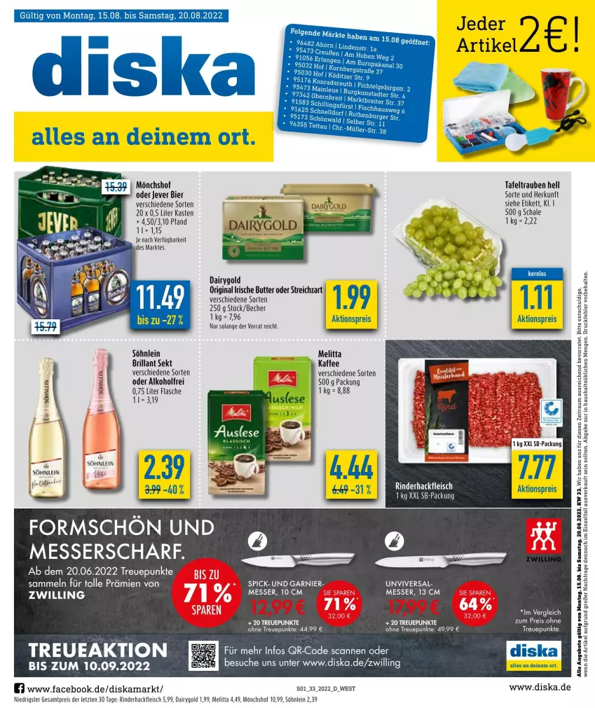 Aktueller Prospekt Diska - Prospekte - von 16.08 bis 20.08.2022 - strona 1 - produkty: aktionspreis, alkohol, angebot, angebote, Becher, bier, brillant sekt, butter, Dairygold, eis, flasche, fleisch, gin, hackfleisch, irische butter, jever, kaffee, melitta, messer, mönchshof, reis, rind, rinder, rinderhackfleisch, sekt, söhnlein, Streichzart, tafeltrauben, Ti, trauben, ZTE