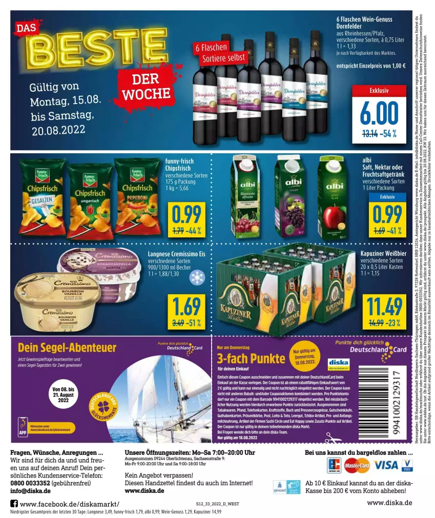 Aktueller Prospekt Diska - Prospekte - von 16.08 bis 20.08.2022 - strona 12 - produkty: angebot, angebote, Astra, bier, buch, deka, dornfelder, eis, ente, erde, flasche, frucht, fruchtsaft, fruchtsaftgetränk, funny-frisch, getränk, gutschein, kraft, langnese, milch, nuss, reis, ring, sac, saft, sim, Sushi, telefon, Ti, uhr, wein, ZTE