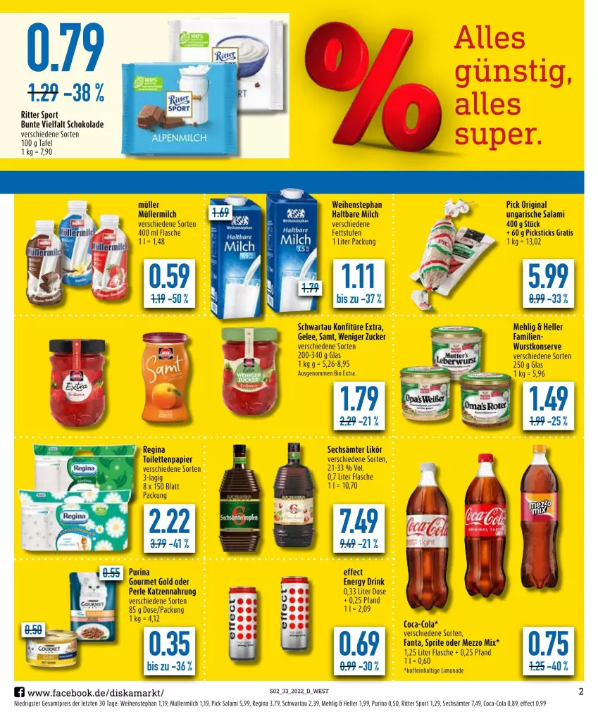 Aktueller Prospekt Diska - Prospekte - von 16.08 bis 20.08.2022 - strona 2 - produkty: bio, coca-cola, cola, drink, Effect, eis, elle, energy drink, fanta, flasche, gelee, gin, gourmet gold, haltbare milch, katzennahrung, konfitüre, konfitüre extra, likör, limo, limonade, mehl, Mezzo Mix, milch, Müller, müllermilch, papier, purina, reis, ritter, ritter sport, salami, schoko, schokolade, Schwartau, Sport, sprite, Ti, toilettenpapier, Ungarische Salami, weihenstephan, wurst, ZTE, zucker