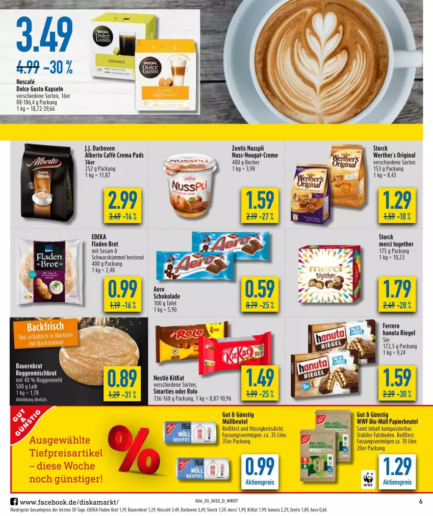 Aktueller Prospekt Diska - Prospekte - von 16.08 bis 20.08.2022 - strona 6 - produkty: aktionspreis, auer, Bau, Bauer, Becher, beutel, bio, brot, caffe, crema pads, darbo, darboven, deka, dolce gusto, eis, ferrero, gin, hanuta, kitkat, merci, müllbeutel, nescafe, nuss, nusspli, papier, reis, riegel, schoko, schokolade, sesam, smarties, Stier, storck, tee, Ti, werther's, zentis, ZTE