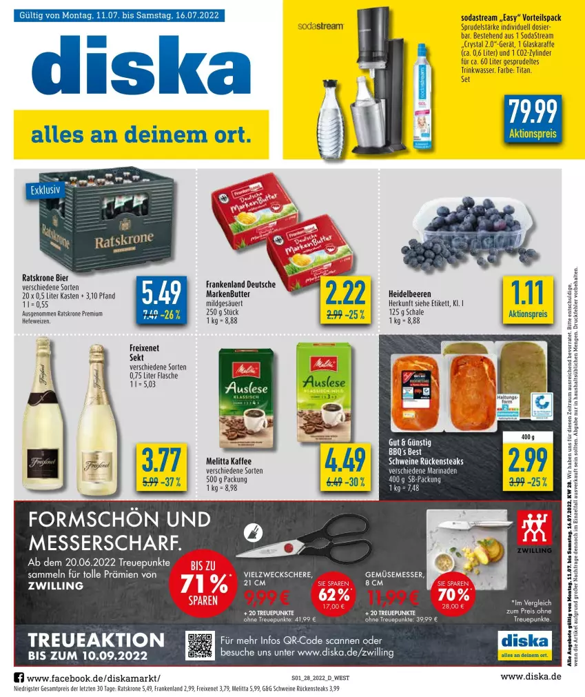 Aktueller Prospekt Diska - Prospekte - von 04.07 bis 09.07.2022 - strona 1 - produkty: aktionspreis, angebot, angebote, beere, beeren, bier, butter, eis, ente, flasche, freixenet, glaskaraffe, Hefe, hefeweizen, heidelbeere, heidelbeeren, kaffee, Karaffe, krone, markenbutter, melitta, reis, Rückensteak, rückensteaks, Schal, Schale, Schere, schwein, schweine, sekt, Soda, sodastream, Sprudel, steak, steaks, Ti, wasser, weck, wein, weine, ZTE