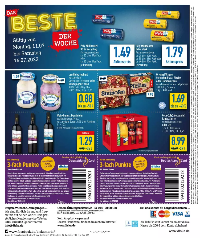 Aktueller Prospekt Diska - Prospekte - von 04.07 bis 09.07.2022 - strona 12 - produkty: angebot, angebote, Astra, beutel, buch, Clin, coca-cola, cola, coupon, deka, deutschlandcard, dornfelder, eis, ente, erde, fanta, flammkuchen, flasche, gin, gutschein, kraft, kuchen, lamm, landliebe, Mezzo Mix, milch, müllbeutel, nuss, Ofen, original wagner, pely, reis, rel, ring, sac, sprite, steinofen, Sushi, tee, telefon, Ti, uhr, wagner, wein, ZTE