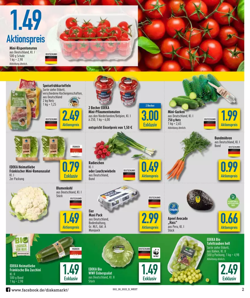 Aktueller Prospekt Diska - Prospekte - von 04.07 bis 09.07.2022 - strona 2 - produkty: aktionspreis, avocado, Becher, bio, blume, blumen, blumenkohl, Bundmöhren, deka, eier, eis, eisbergsalat, Frühkartoffeln, gurke, gurken, kartoffel, kartoffeln, Kette, Lauchzwiebel, lauchzwiebeln, LG, mini-gurken, mini-rispentomaten, möhren, natur, pflaume, pflaumen, radieschen, reis, rispentomaten, Romanasalat, salat, Schal, Schale, speisefrühkartoffeln, Ti, tomate, tomaten, zucchini, zwiebel, zwiebeln