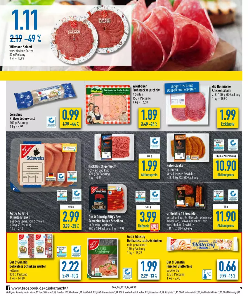 Aktueller Prospekt Diska - Prospekte - von 04.07 bis 09.07.2022 - strona 4 - produkty: aktionspreis, auer, aufschnitt, Bau, Bauer, blätterteig, eis, fleisch, grill, grillplatte, hackfleisch, lachs, latte, leberwurst, marinade, medaillons, minutensteaks, Nackensteak, paprika, pute, putensteaks, reis, rind, salami, schinken, schwein, schwein und rind, schweine, schweinenacken, steak, steaks, Ti, wein, weine, wiesbauer, wiltmann, würfel, wurst, ZTE