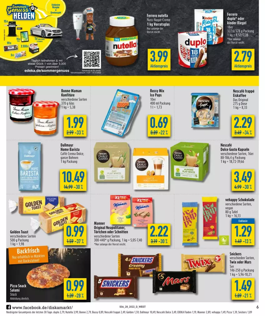 Aktueller Prospekt Diska - Prospekte - von 04.07 bis 09.07.2022 - strona 6 - produkty: aktionspreis, bohne, bohnen, bonne maman, caffe, dallmayr, deka, dolce gusto, duplo, eis, eiskaffee, ferrero, gin, golden toast, kaffee, konfitüre, mam, Manner, mars, nescafe, nuss, nutella, reis, schnitten, schoko, schokolade, snickers, Ti, toast, Törtchen, twix, ZTE