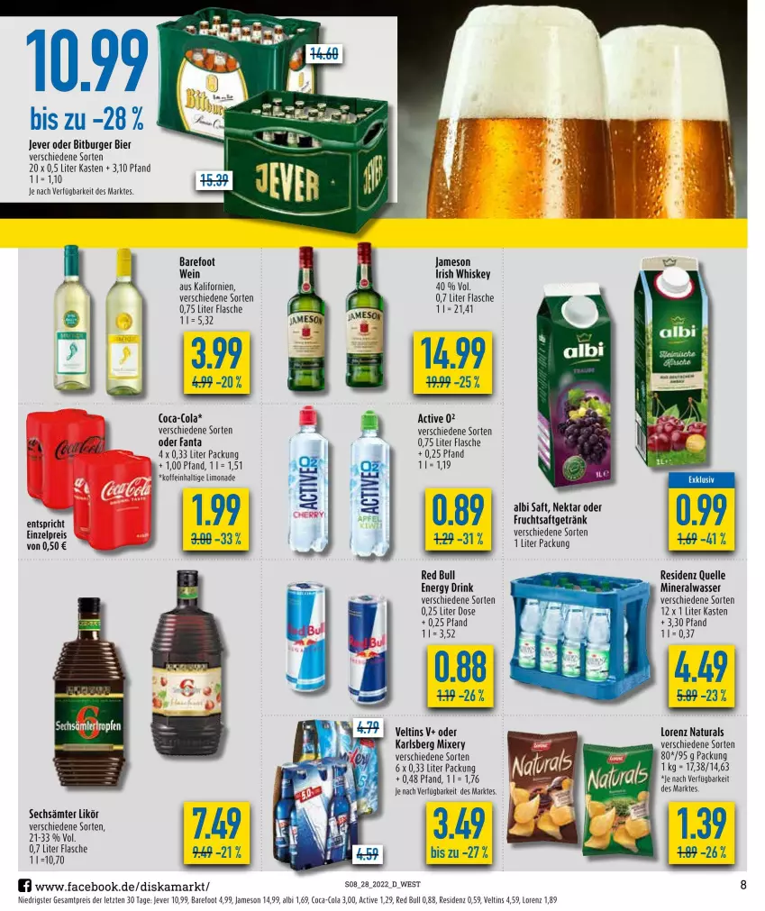 Aktueller Prospekt Diska - Prospekte - von 04.07 bis 09.07.2022 - strona 8 - produkty: Alwa, bier, bitburger, burger, coca-cola, cola, drink, eis, elle, energy drink, ente, fanta, flasche, irish whiskey, jameson, jever, karlsberg, karlsberg mixery, likör, limo, limonade, lorenz, mineralwasser, Mixer, mixery, natur, natura, Nektar, red bull, reis, saft, Ti, veltins, wasser, wein, whiskey, ZTE