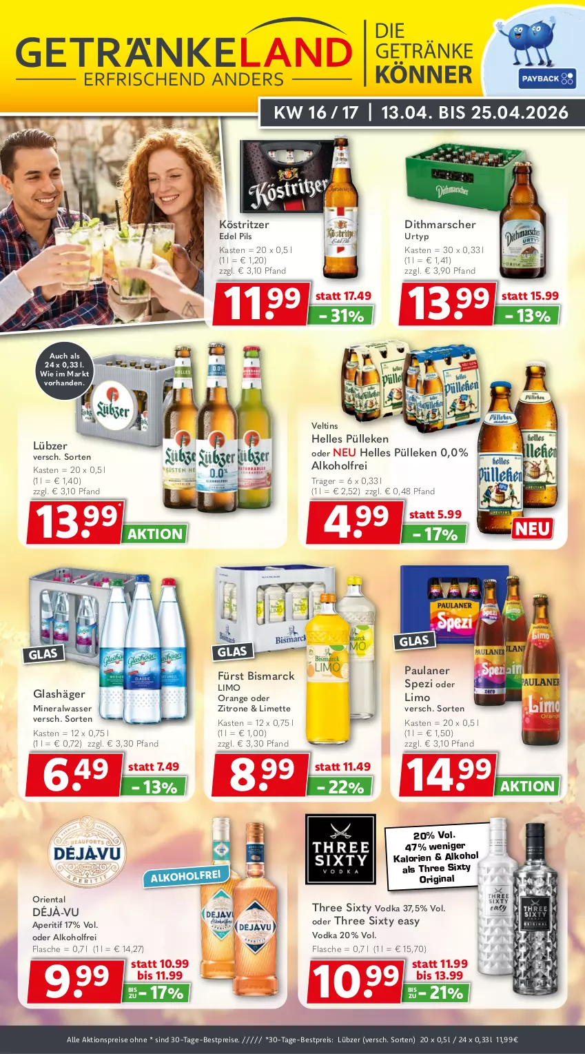 Aktueller Prospekt Getraenkeland - von 12.04 bis 24.04.2026 - strona 1 - produkty: aktionspreis, alkohol, Alwa, aperitif, bestpreis, bestpreise, bismarck, eis, elle, flasche, gin, köstritzer, limette, limo, Lübzer, mars, Mett, mineralwasser, orange, Paula, paulaner, pils, reis, Spezi, Three Sixty, Ti, urtyp, veltins, vodka, wasser, zitrone