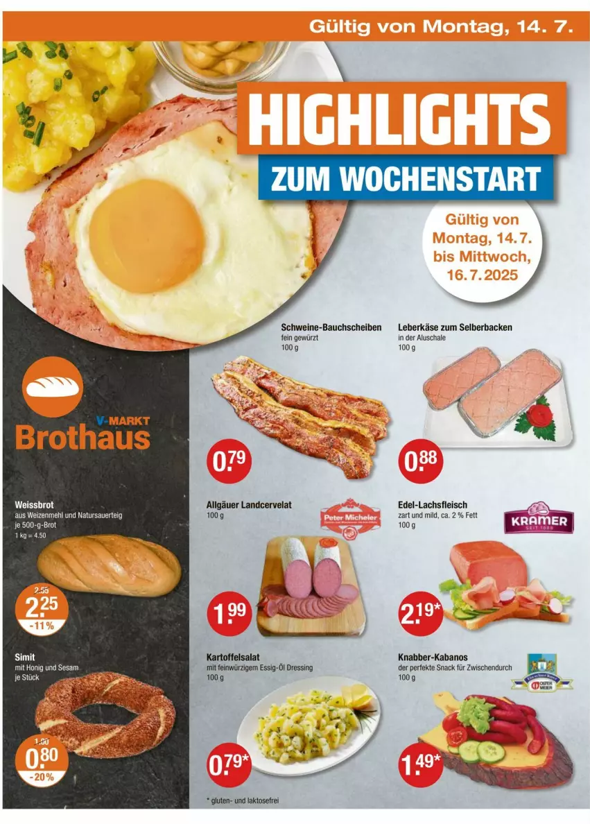 Aktueller Prospekt Vmarkt - Prospekte - von 10.07 bis 16.07.2025 - strona 18 - produkty: auer, brot, dressing, eis, essig, fleisch, gewürz, honig, kabanos, kartoffel, kartoffelsalat, lachs, LG, mehl, natur, salat, Schal, Schale, sesam, snack, weizenmehl