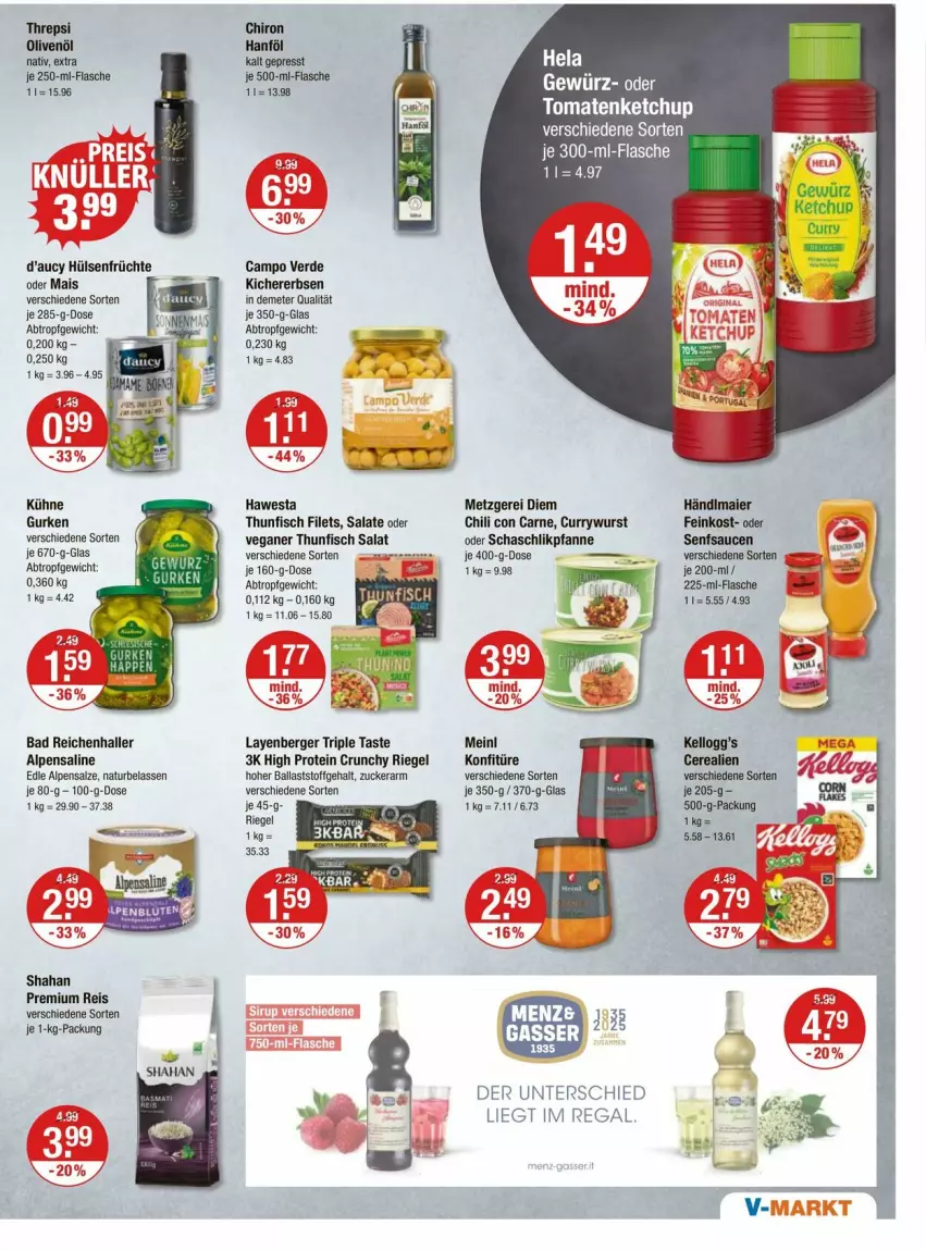 Aktueller Prospekt Vmarkt - Prospekte - von 10.07 bis 16.07.2025 - strona 7 - produkty: Bad, ball, Berger, Campo Verde, chili, curry, currywurst, eis, erbsen, erde, feinkost, filet, filets, fisch, flasche, früchte, gurke, gurken, hawesta, hülsenfrüchte, ketchup, kichererbsen, konfitüre, Kühne, mais, natur, olive, oliven, olivenöl, pfanne, regal, reis, riegel, salat, salate, salz, sauce, saucen, senf, thunfisch, thunfisch filets, thunfisch salat, Ti, tomate, tomaten, tomatenketchup, wurst, zucker