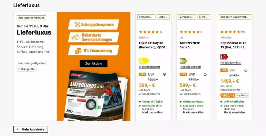 Aktueller Prospekt Saturn - Prospekte - von 11.03 bis 20.03.2024 - strona 1 - produkty: angebot, angebote, backofen, Bau, eis, LG, ndk, Ofen, Q10, reis, Samsung, schnäppchen, siemens, Ti, uhr, versandkostenfrei