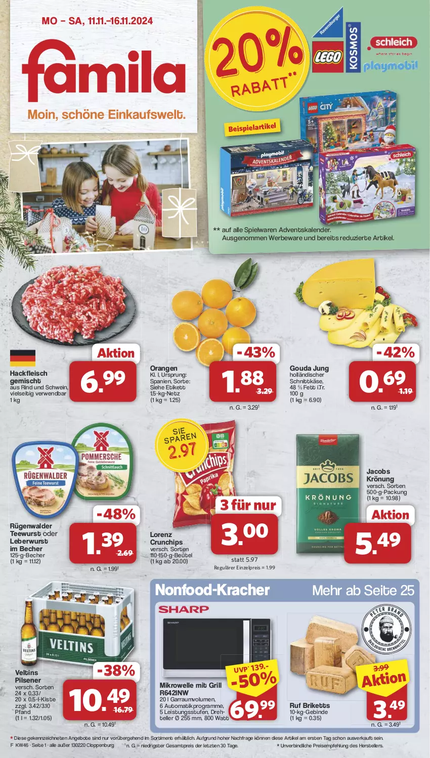 Aktueller Prospekt Famila - Prospekte - von 11.11 bis 16.11.2024 - strona 1 - produkty: Adventskalender, angebot, angebote, auto, Becher, beutel, briketts, chips, crunchips, eis, elle, fleisch, garraum, gouda, gouda jung, grill, hackfleisch, hackfleisch gemischt, holländischer schnittkäse, jacobs, jacobs krönung, Käse, kracher, leberwurst, lorenz, lorenz crunchips, mikrowelle, orange, orangen, pils, pilsener, reis, rind, rügenwalder, rwe, schnittkäse, schwein, spielwaren, tee, teewurst, teller, Ti, veltins, veltins pilsener, wein, wurst, ZTE